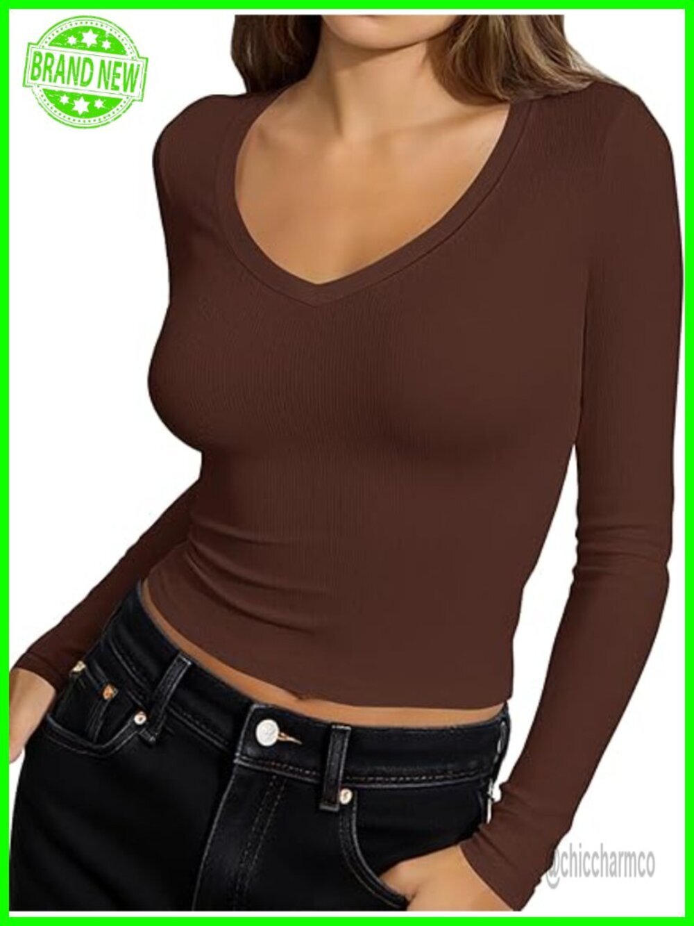 Long Sleeve V Neck Crop Top Ribbed Knit Slim Fitted Basic Tee
